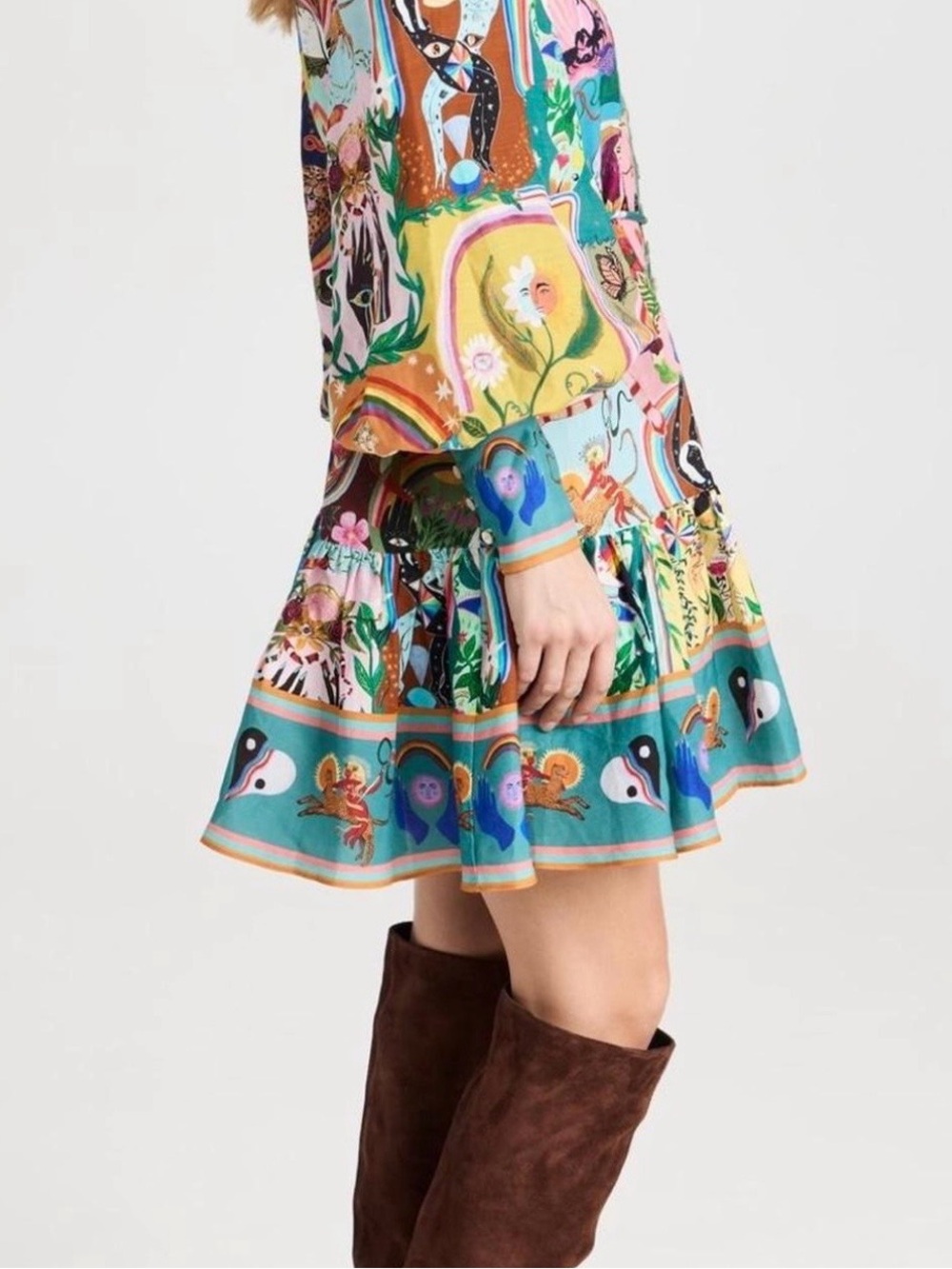 Multicolor Printed Mini Dress with Button-Front and Drawstring Waist - Picture 3 of 12